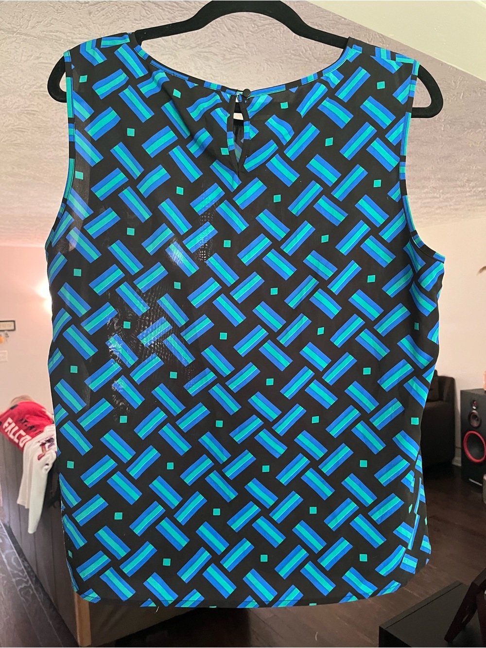 Calvin Klein Black Sleeveless Top with Blue & Teal Geometric Print